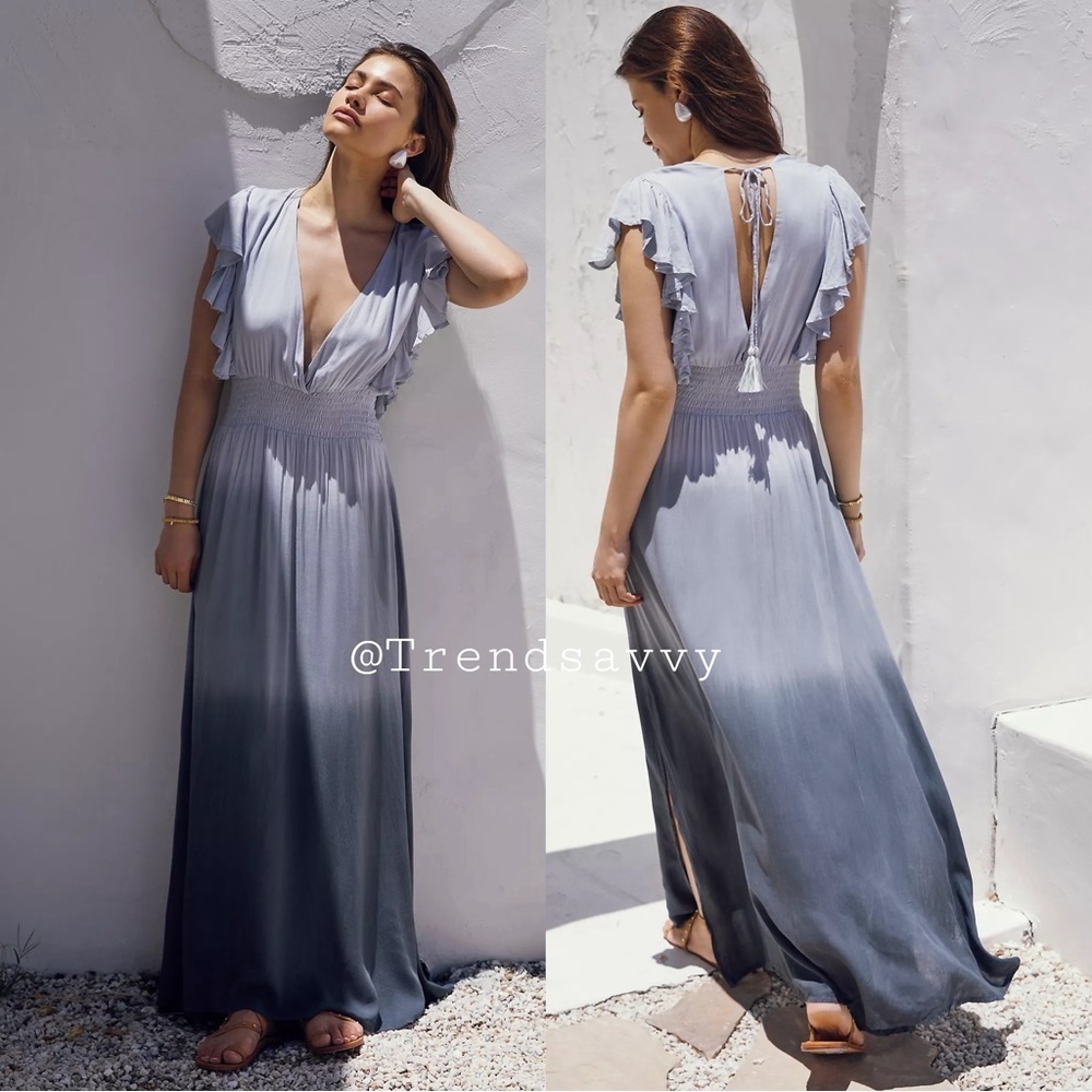 Anthropologie Tiare Hawaii Dahlia Grey Blue Smocked Ruffle Maxi Dress Resortwear